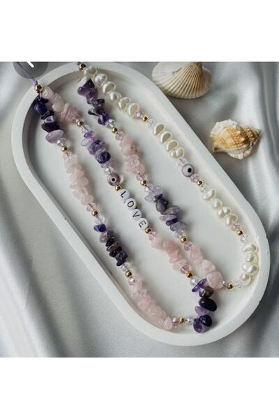 LORESİMA AKSESUAR Pembe Kuvars Ve Mor Ametis Tlefon Askisi