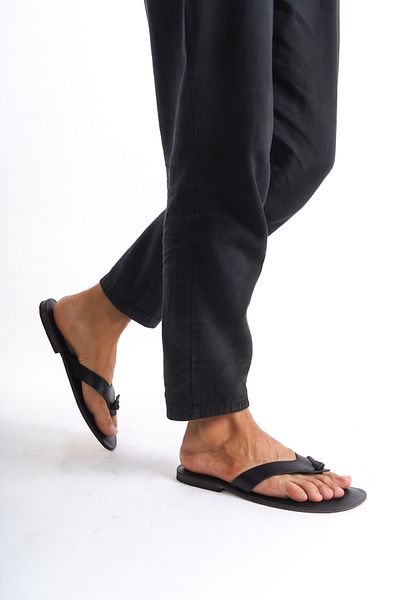 DaphneSandals Black Genuine Leather Men's Slippers - Flip Flops 1004