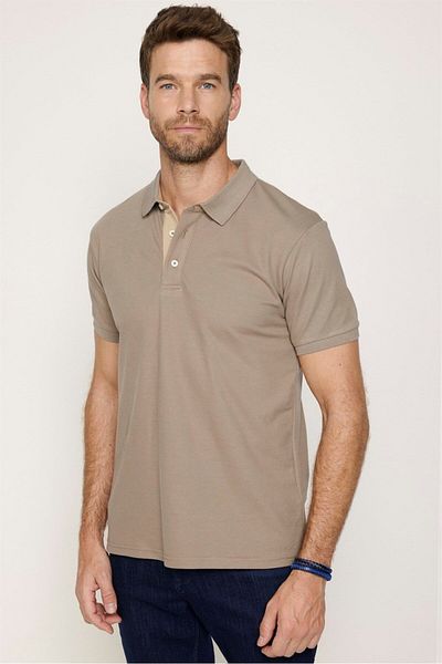 Tudors Ανδρικό T-Slim Fit Slim Fit 100% βαμβακερό απλό πικέ μπεζ μπλουζάκι με γιακά πόλο