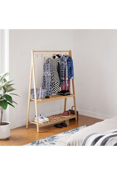 pinoxi Doğal Ahşap Konfeksiyon Elbise Askılık Iki Raflı Ayaklı Askılık 148x106x38 Cm