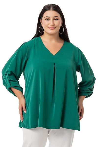 DISENTIS MODEST V-Neck Plateau Folded Sleeve Emerald Blouse - Plus Size