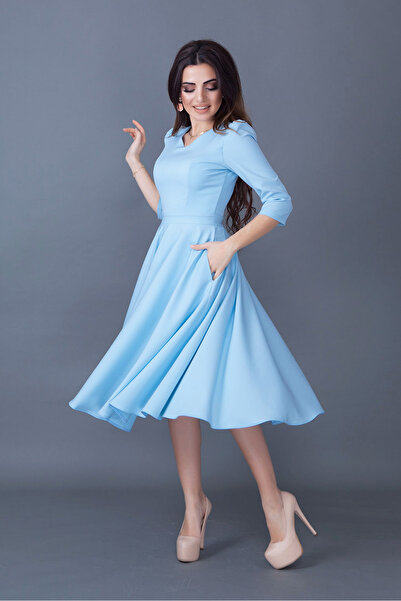 RURIS Kadın Bebe Mavi Cep Detaylı V Yaka Kloş Midi Boy Abiye Mezuniyet Elbise