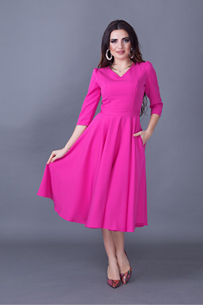 RURIS Kadın Fuşya Cep Detaylı V Yaka Kloş Midi Boy Abiye Mezuniyet Elbise
