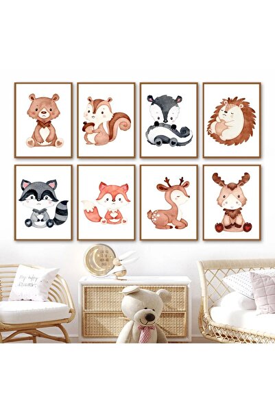 TABLOX Бохемиски цветни, очарователни бебета животни „Комплект от 8 картини в рамка от МДФ“