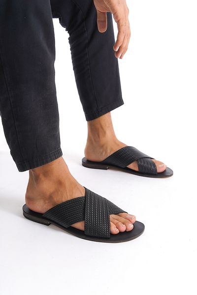 DaphneSandals Black Genuine Leather Printed Men's Slippers - K1008