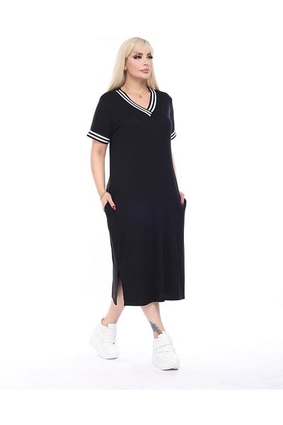CNG MODA Plus Size V-Neck Rib Detail Striped Dress