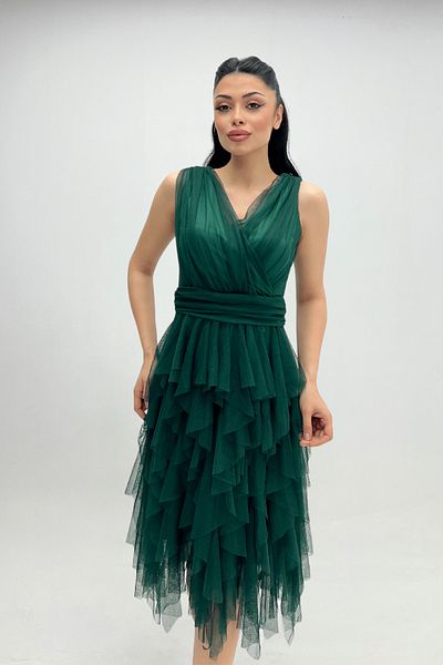giyimmasalı Tulle Fabric Layered Evening Dress - SMART GREEN
