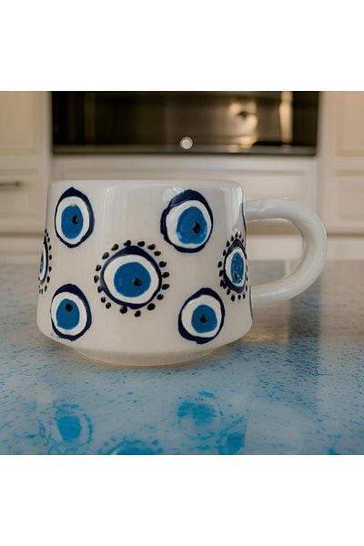 İlbay Çini Takı Blue Ceramic Round Evil Eye Cup and Nescafe Cup