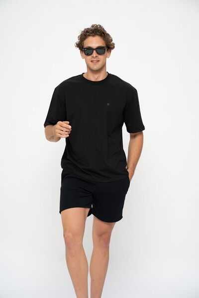 PAKONN Siyah Erkek Basic Bisiklet Yaka Oversize Kısa Kollu T-shirt