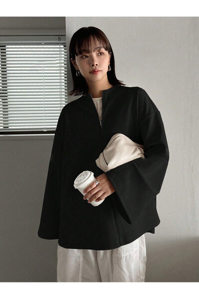 Know Black Spanish Sleeve Zip Modest Women's Blouse