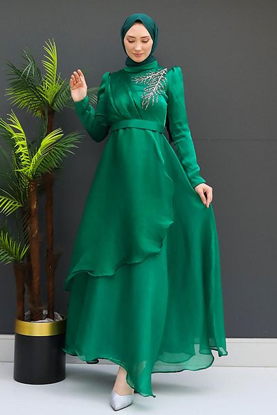 GİZ AGİYİM Βραδινό φόρεμα Forest Green Stone Λεπτομερές Organza