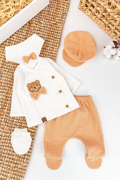 Babymod Bow Tie Teddy Bear Figured Cotton 5 Piece Baby Boy Hospital Outlet Baby Set