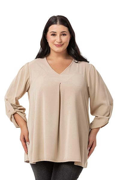 DISENTIS MODEST V-Neck Plateau Beige Plus Size Blouse - Folded Sleeves