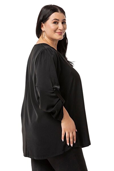 DISENTIS MODEST V-Neck Black Plus Size Blouse with Pleats - Folded Sleeves