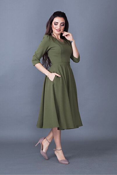 RURIS Kadın Haki Cep Detaylı V Yaka Kloş Midi Boy Abiye Mezuniyet Elbise