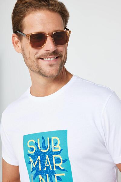 Tudors Ανδρικό T-shirt Slim Fit Slim Fit 100% βαμβακερό τυπωμένο λευκό μπλουζάκι με λαιμόκοψη