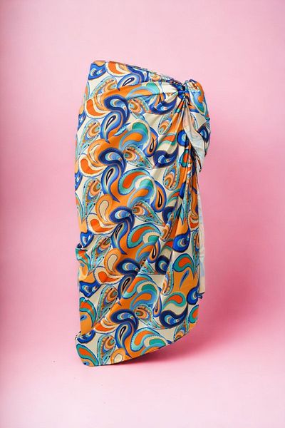 pistore Orange Blue Ethnic Patterned Long Pareo Satin No Sheer Women's Beach Dress New Season