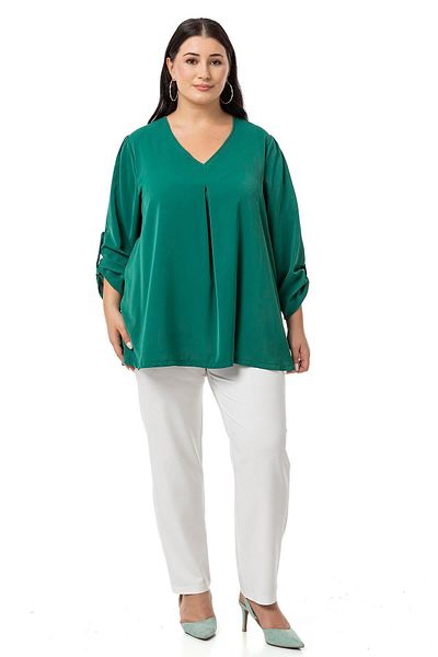 DISENTIS MODEST V-Neck Plateau Folded Sleeve Emerald Blouse - Plus Size