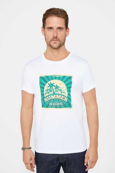 Tudors Ανδρικό T-shirt Slim Fit Slim Fit 100% βαμβακερό τυπωμένο λευκό μπλουζάκι με λαιμόκοψη