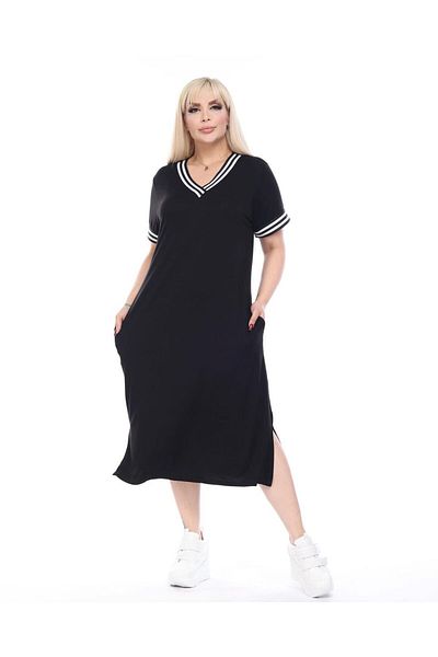 CNG MODA Plus Size V-Neck Rib Detail Striped Dress