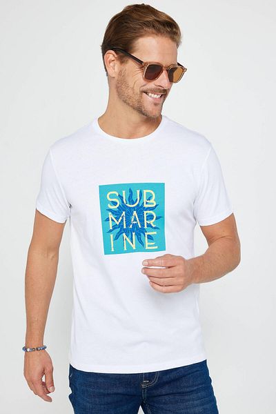 Tudors Ανδρικό T-shirt Slim Fit Slim Fit 100% βαμβακερό τυπωμένο λευκό μπλουζάκι με λαιμόκοψη