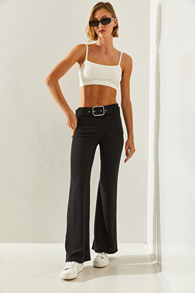 Bianco Lucci Women's Belted Flare Leg Scuba Fabric Chest Crepe Trousers