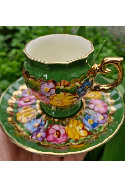 BY.RAYKA PORSELEN El Dekor Porselen El Boyaması P.lebriz Ikili Kahve Fincan Takımı