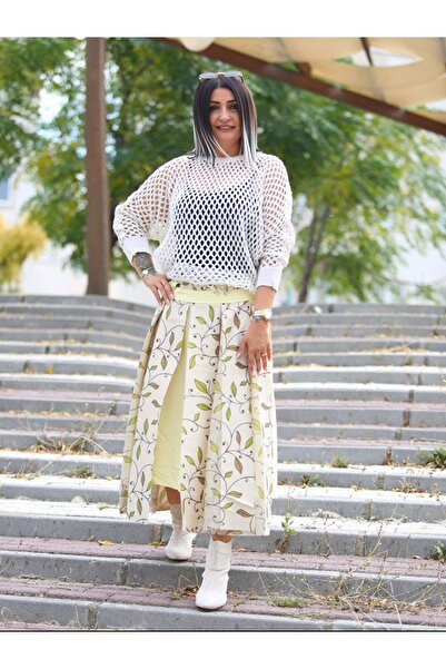 GallanD Desenli Astarlı Tarz Parçalı Bedensiz Tasarım Yeni Sezon Kadın Etek Kemerli Pratik Uzun Geniş Pilili