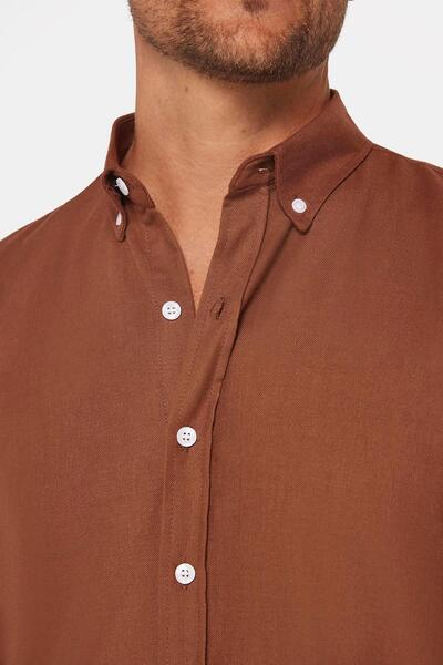 Tudors Brown Men's Shirt - Slim Fit, Long Sleeve, 100% Cotton, Linen Texture, Buttoned Collar