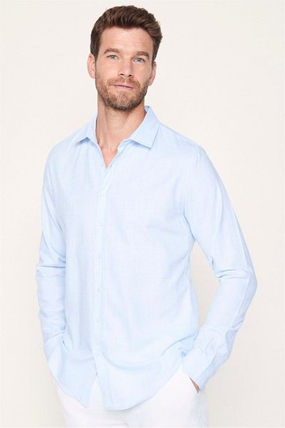 Tudors Ανδρικό Μπλε πουκάμισο Slim Fit - 100% βαμβάκι, μακρυμάνικο, λινό υφή