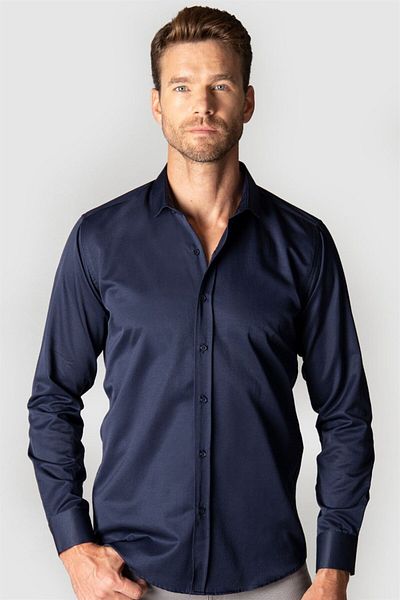 Tudors Modern Slim Fit hosszú ujjú sima szatén pamut férfi sötétkék ing