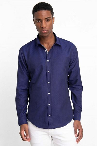 Tudors Мъжка тъмносиня риза Slim Fit с дълъг ръкав с оксфордска текстура Dobby Piping