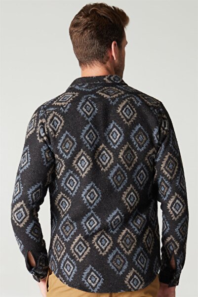 Tudors Slim Fit Uzun Kollu Tek Cep Kışlık Etnik Desen Spor Erkek Lacivert Gömlek