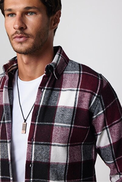 Tudors Slim Fit Uzun Kollu Dar Kesim Düğmeli Yaka Kareli Kışlık Oduncu Erkek Gömlek