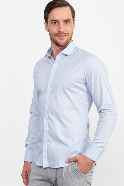 Tudors Super Slim Fit Μακρυμάνικο Βαμβακερό Lycra Ανδρικό πουκάμισο μπλε