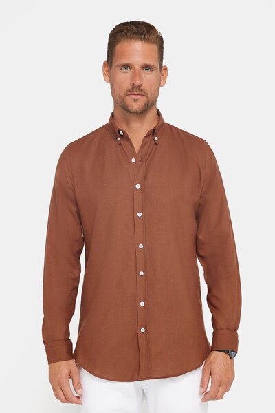 Tudors Brown Men's Shirt - Slim Fit, Long Sleeve, 100% Cotton, Linen Texture, Buttoned Collar