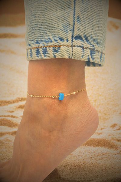 PlnDesign Gold Color Blue Bead Figured Double Row Anklet-Summer Fashion Beach Set, Casual Elegant