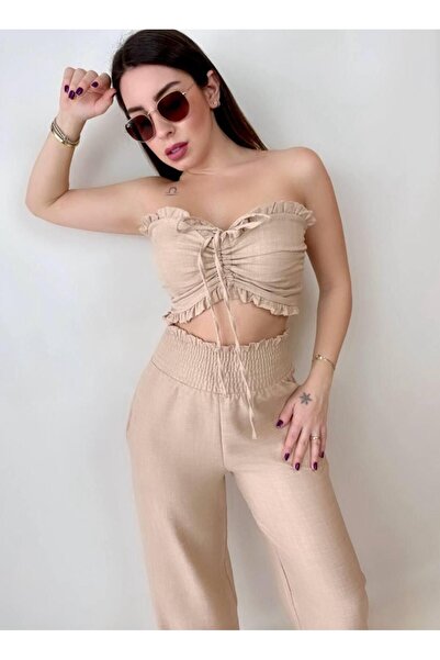 rengamoda Women's Linen Fabric Elastic Crop and Trousers Double Set (Colorful)