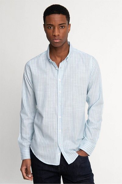 Tudors Πράσινο ριγέ ανδρικό πουκάμισο - Slim Fit, Slim Fit, Μακρύ μανίκι, 100% βαμβακερό λινό, γιακάς με κουμπιά