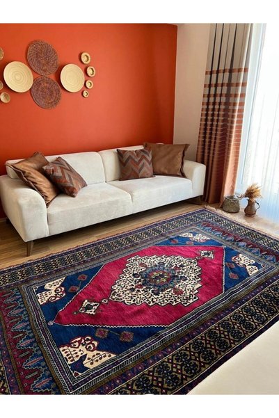 DesignEv 177x287 cm Canlı Kırmızı ve Mavi Renkli Nadir Desenli El Dokuma Büyü...