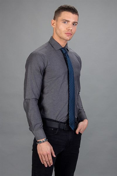 Tudors Moderní pánská šedá košile Slim Fit s dlouhým rukávem z bavlny Easy Iron Dobby
