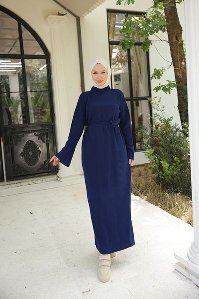 Nissra Ankanoor Navy Blue Rope Belted Άνετο Πλεκτό Φόρεμα Anka257019