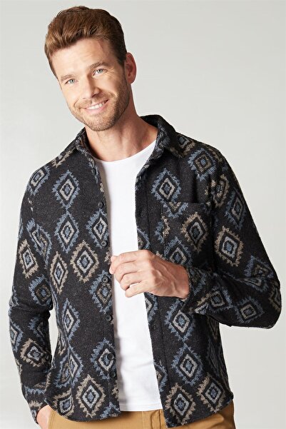 Tudors Slim Fit Uzun Kollu Tek Cep Kışlık Etnik Desen Spor Erkek Lacivert Gömlek