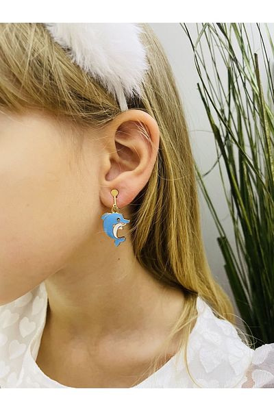 1PARÇAMAVİ Dolphin Clip Screw Non-perforated Ear Earrings - Dolphin Children's Earrings - Non-perforated Earrings