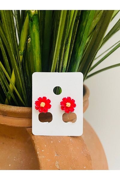 1PARÇAMAVİ Red Flower Clip Children's Earrings - Non-perforated Ear Earrings