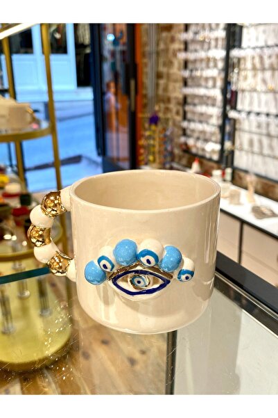 Nazar Evil Eye Tasarımlı 24K Altın Dekorlu El Yapımı Seramik Mug 220mL