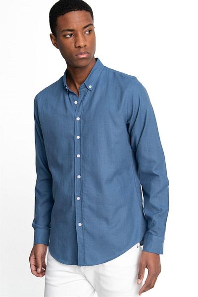 Tudors Ανδρικό πουκάμισο Indigo - Slim Fit, μακρυμάνικο, 100% βαμβακερό λινό, γιακά με κουμπιά