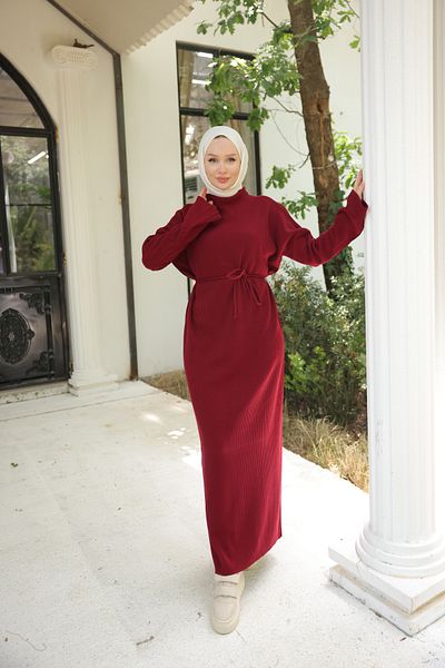 Nissra Ankanoor Burgundy Rope Belted Comfortable Cut Knitwear Dress Anka 257019