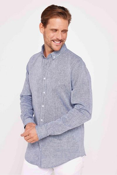 Tudors Navy Blue Linen σειρά Premium - Slim Fit Slim Fit Αθλητικό πουκάμισο, μακρυμάνικο και γιακά με κουμπί