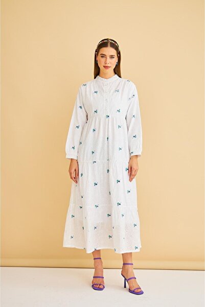 Basicpark Guipure Embroidered And Buttoned Embroidery Oversize Green Dress